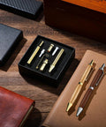 Sick 6 Piece Retractable Pen Kit Bundle Sweet Deal For Wood Turning Lathes Includes 8 MM Slimline Insert Kits With Smooth Click Refills, featuring gold accessories in black box.