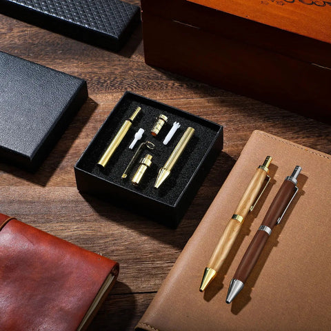 Sick 6 Piece Retractable Pen Kit Bundle Sweet Deal For Wood Turning Lathes Includes 8 MM Slimline Insert Kits With Smooth Click Refills, featuring gold accessories in black box.