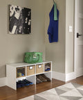 All-Purpose Closet Organizer In White For Stackable Closet Systems And Fabric Bins holding shoes and bags against wall