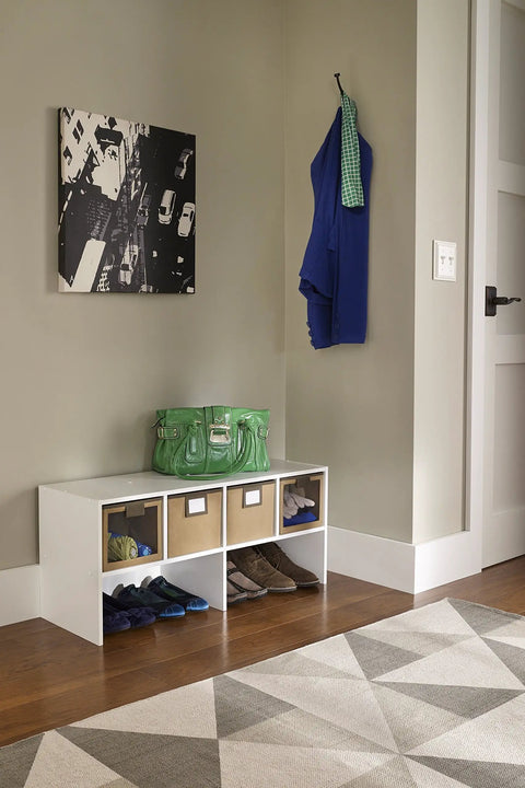 All-Purpose Closet Organizer In White For Stackable Closet Systems And Fabric Bins holding shoes and bags against wall