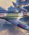 One Forty Eight Scale Spitfire Mk IXc Plastic Model Kit For RAF Fighter Plane Requires Cement And Paint Sold Separately JT79 Built For WWII Buffs Highly Detailed Collector Grade Display Ready showcasing Spitfire aircraft in flight against a cloudy sky backdrop.