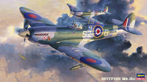 One Forty Eight Scale Spitfire Mk IXc Plastic Model Kit For RAF Fighter Plane Requires Cement And Paint Sold Separately JT79 Built For WWII Buffs Highly Detailed Collector Grade Display Ready showcasing Spitfire aircraft in flight against a cloudy sky backdrop.