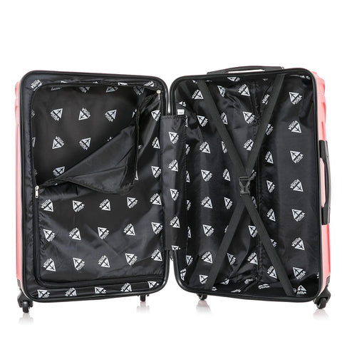 InUSA VASTY 20-inch red carry-on luggage with spinner wheels, opened to show interior with straps and zip pocket.