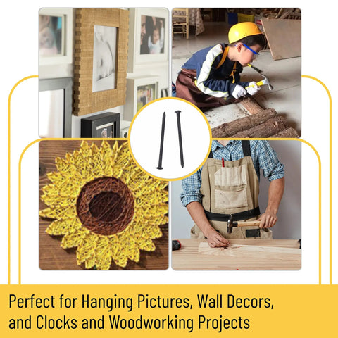 Montage showing 600 Black Nails In 4 Sizes Nail Assortment Kit For Picture Hanging And Woodworking Finishing Nails For Drywall