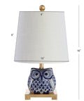 Front view of Blue White Ceramic Owl Table Lamp With Linen Shade Cozy Modern Farmhouse Nightstand Light For Bedroom Or Office LED Bulb Included Energy Efficient ETL Listed