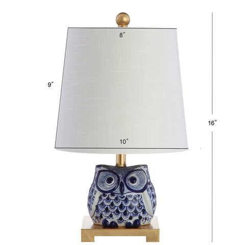 Front view of Blue White Ceramic Owl Table Lamp With Linen Shade Cozy Modern Farmhouse Nightstand Light For Bedroom Or Office LED Bulb Included Energy Efficient ETL Listed