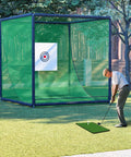 Backyard Golf Practice Net Cage Kit With Durable Metal Frame For Driving Chips And Iron Shots 10x10x10Ft in use