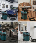 Auto Clean Dust Extractor With Dual Cyclone Pre Separation System in various woodshop and garage settings