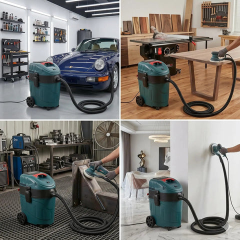 Auto Clean Dust Extractor With Dual Cyclone Pre Separation System in various woodshop and garage settings