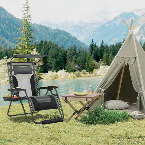 Zero Gravity Patio Lounge Chair With Cup Holder Tray Canopy Shade And Headrest Padded Adjustable Recliner For Beach Camping