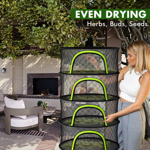 Four Layer 18 Inch Hanging Mesh Herb Drying Rack with Zipper for Airflow Drying held by person outdoors