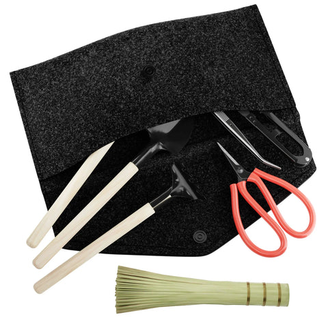 All In One Bonsai Tool Kit With Bonsai 101 Book And Fabric Storage Holder Includes Wooden Rake Long And Wide Spades Scissors Tweezers Brush