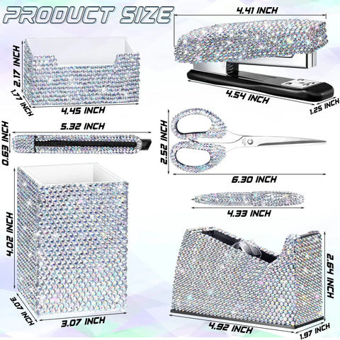 Blinged Out Desk Accessories Set Seven Piece Office Glam Kit With Diamond Tape Dispenser Rhinestone Stapler