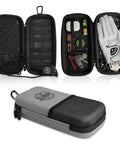 Golf Accessory Case And Bag Organizer Airtight Water Resistant Protective Hard Case For Phone Tees Ball Markers Repair Tools And Other Golf Essentials With Removable Glove Hanger Dryer On The Course, open to show contents and glove hanger