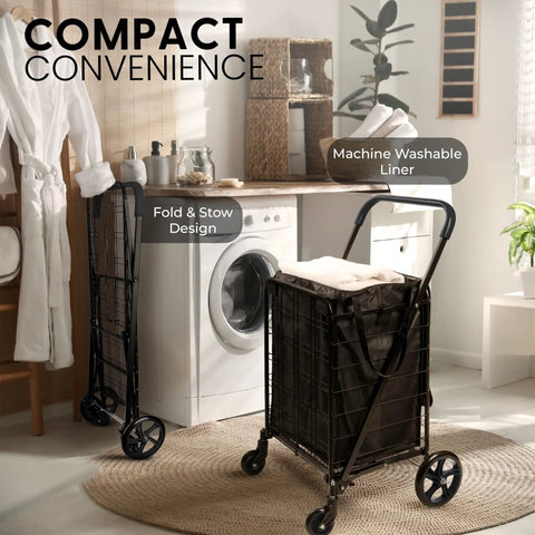 Large Folding Utility Shopping Cart With Removable Liner Heavy Duty Steel Frame 360 Degree Swivel Wheels 110 Lb Capacity