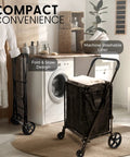 Compact Folding Shopping Cart With Removable Waterproof Liner in laundry room setting, showcasing 360 Degree Swivel Wheels and steel frame.
