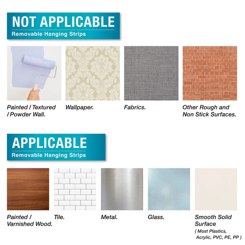 Movelyst 15 Small Hooks + 30 Clear Removable Strips collage showing damage-free wall mounting on various surfaces.
