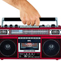 Hand holding Dope Red Boombox With Bluetooth MP3 Converter From Radio To Cassette, 4 Band AM FM SW1 SW2 Radio
