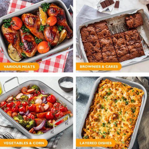 Assorted dishes in a 15.6 Inch Nonstick Stainless Steel Roasting Pan With V Shaped Rack, Rectangular Lasagna Bake Pan With Handles, Heavy Duty And Dishwasher Safe, Perfect For Turkey, Chicken, Vegetables, And Lasagna.