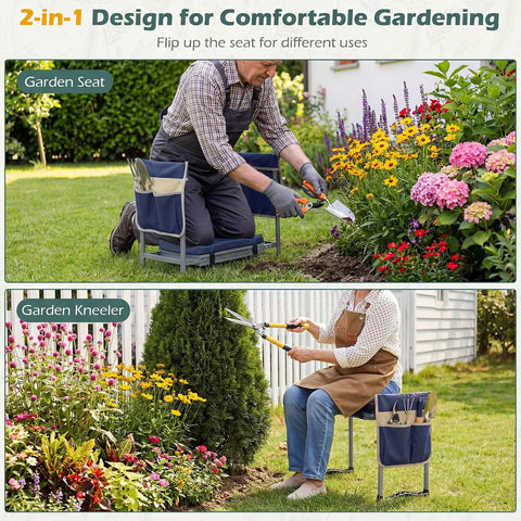 Foldable Garden Kneeler And Seat With Two In One Design For Comfortable Weeding And Raised Bed Work Detachable EVA Foam Pad 350 Lbs Heavy Duty Metal Frame Tool Pouch Portable Stool For Seniors Blue
