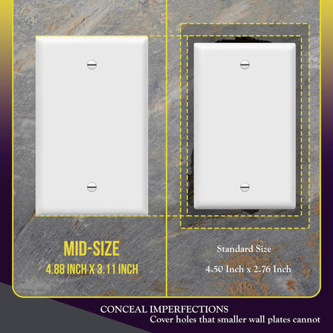 Mid Size Blank Wall Plate 1-Gang 4.88 By 3.11 Inches Gloss White Pack Of 10 Built From Unbreakable Polycarbonate Thermoplastic Tough As Nails Heat And Fade Resistant UL Listed UL94 V2 Rated Easy To Install comparison with standard size plate