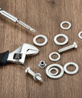 Uxcell wedge locking washers for M5 bolts, 20 pcs, manganese steel, serrated outer edge, top-down view on wood