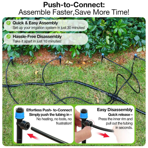 Push-to-connect drip irrigation system setup, featuring Drip Irrigation Emitters 40 Pack Quick Connect for Quarter Inch Tubing.