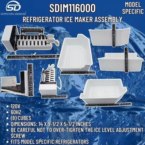 Model Specific Ice Maker Replacement Kit For Refrigerator IM116000 shown with ice tray, water valve, and parts