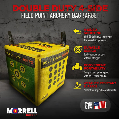 Four Sided Archery Target Bag For Backyard Practice And Outdoor Training Double Duty Field Point Target For Bows Up To 500 FPS With 50 Plus Bullseye Points Portable Durable Target For Easy On The Go Shooting showing logo and features