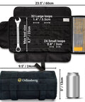 Open and closed views of a Compact Roll Up Motorcycle Tool Bag With MOLLE Strap, showing tool loops and size dimensions.