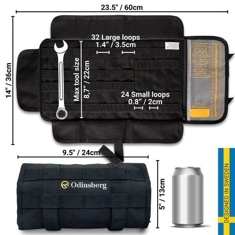 Open and closed views of a Compact Roll Up Motorcycle Tool Bag With MOLLE Strap, showing tool loops and size dimensions.