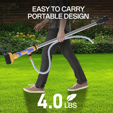 Person carrying Cordless Stick Water Transfer Pump On The Go With 720GPH Output, lightweight design in garden.