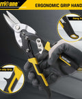 Gloved hand holding 10 Inch Aviation Tin Snips With High Leverage Dual Pivot Cr-Mo Cutters for clean straight cuts on metal sheets.