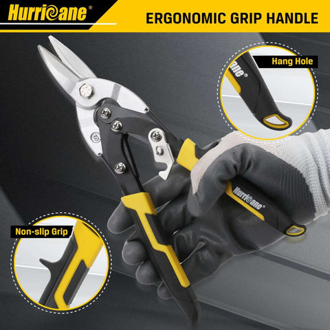 Gloved hand holding 10 Inch Aviation Tin Snips With High Leverage Dual Pivot Cr-Mo Cutters for clean straight cuts on metal sheets.