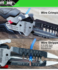 Heavy Duty 6 In 1 Wire Stripper, Crimping Tool and Cutter Pliers showing wire crimping and stripping for 8-18 AWG solid wires.