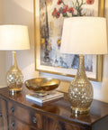 Set of 2 Fletcher Glass Genie Table Lamps in Ombra Gold Mercury Glass With White Lamp Shades, home interior display