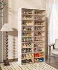 Portable Shoe Rack Organizer For Closet And Entryway in living room, 10-tier shoe storage cabinet with clear magnetic doors.