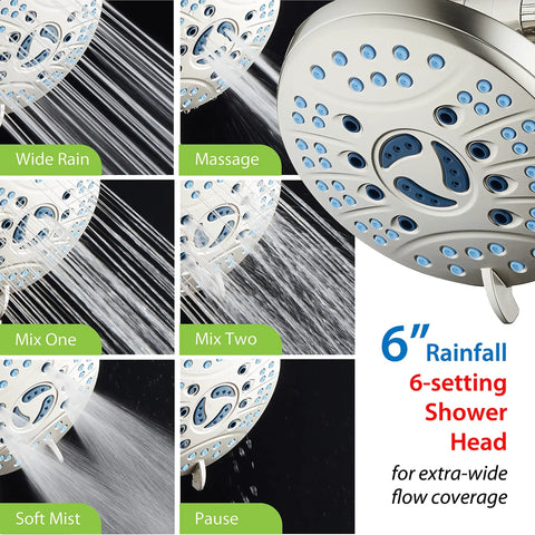 6-setting shower head showing wide rain, massage, mix, soft mist, and pause modes from High Pressure Handheld And Rain Shower Head Combo.