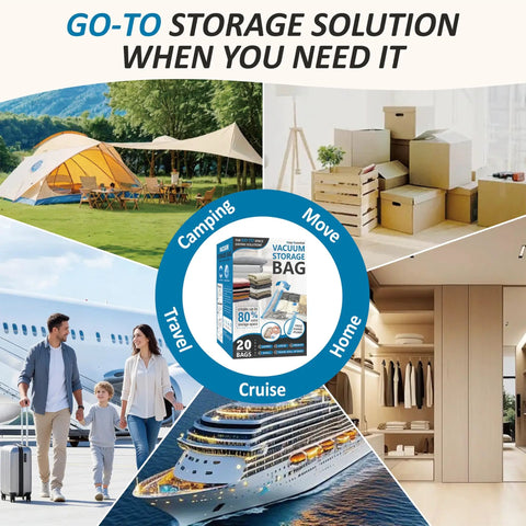Collage showing uses for Vacuum Storage Bags 80 Percent Compression Space Saver For Clothes, Blankets, Pillows, And Bedding, 20 Combo Pack