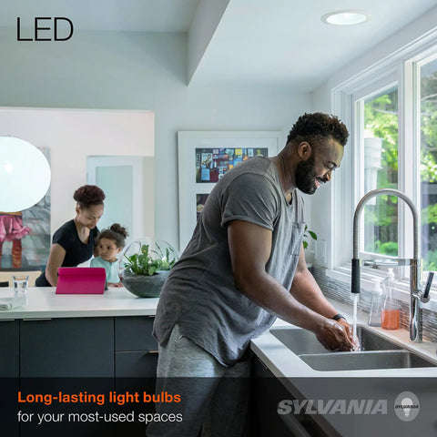 Man washing hands with LED PAR38 Flood Light Bulb 13W Low Power Budget Friendly Energy Saver in kitchen