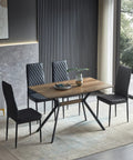 Modern Wood Top Dining Table With Sturdy Black Metal Base And Center Shelf For Kitchen Or Office With Rounded Child Safe Edges in a contemporary setting.