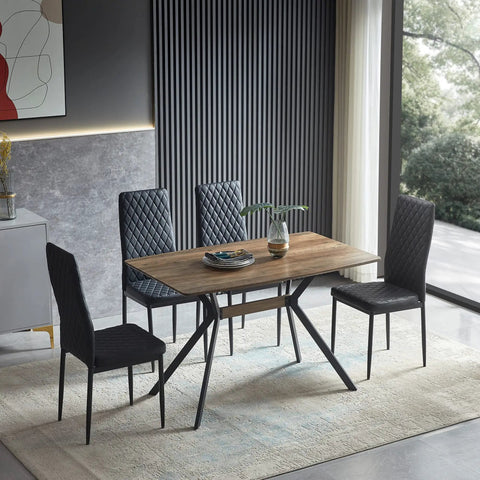 Modern Wood Top Dining Table With Sturdy Black Metal Base And Center Shelf For Kitchen Or Office With Rounded Child Safe Edges in a contemporary setting.