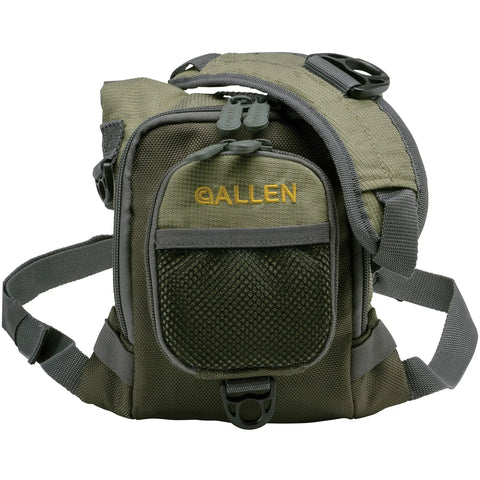 Micro Fly Fishing Chest Pack With Front Workstation And Tippet Spool Holder, side view showing secure pockets, green.