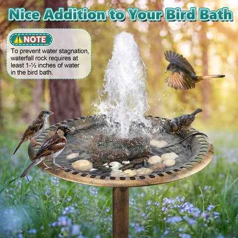 Image of a Red Moss Resin Granite Bird Bath Fountain With 7W Water Pump Rock Style Yard Decor surrounded by birds.