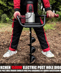 Person using Powerful 1500W Electric Post Hole Digger With 6 Inch Auger Bit for landscaping in a garden.
