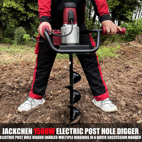 Person using Powerful 1500W Electric Post Hole Digger With 6 Inch Auger Bit for landscaping in a garden.