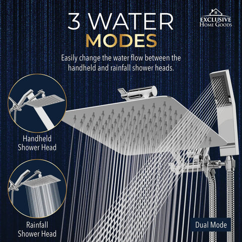 8 Inch Dual Square Rain Shower Head With Handheld Wand And 71 Inch Hose All Metal Construction High Pressure Rain Shower Head Set With 3 Way Diverter And Adjustable Extension Arm Premium Spa Quality Shower Head Set showing dual mode water flow