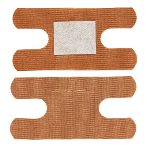 Real Deal Flex Fabric Adhesive Bandages For Knuckles 100 Count Box, showing two breathable woven wraps with nonstick pads.