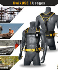 KwikUSE safety harness displayed on mannequins, showcasing various usages including scaffolding, roofing, and engineering.