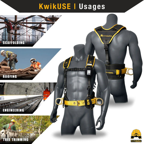 KwikUSE safety harness displayed on mannequins, showcasing various usages including scaffolding, roofing, and engineering.